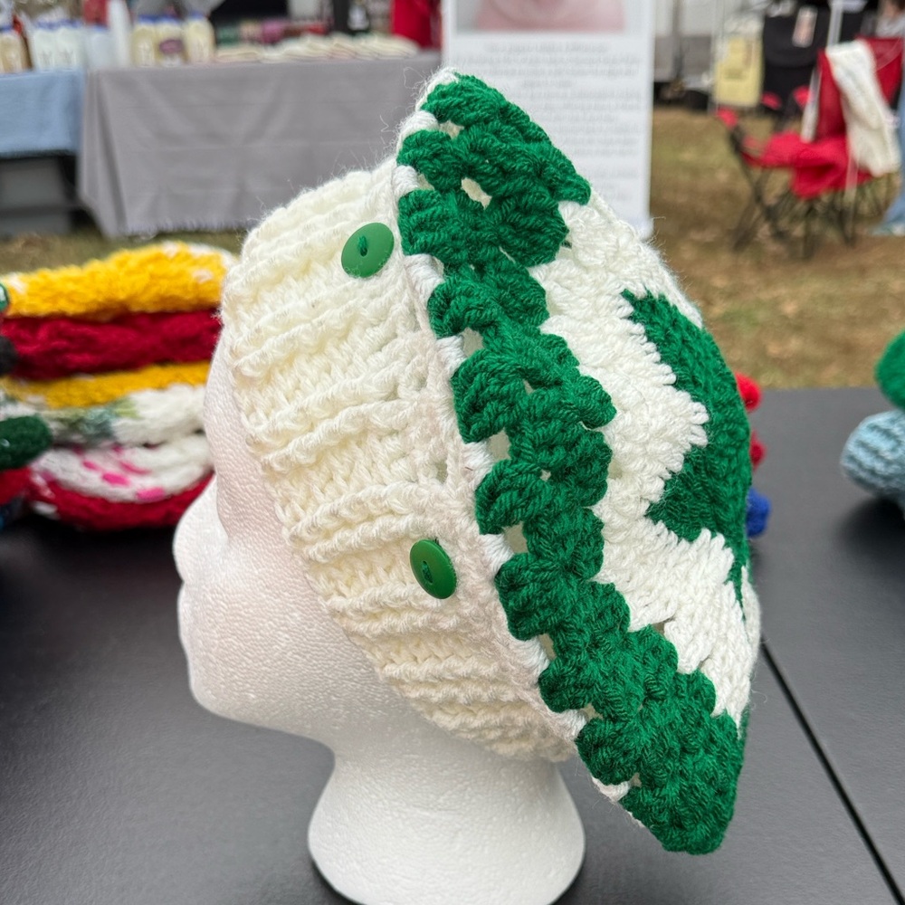 Green and white Crochet hat